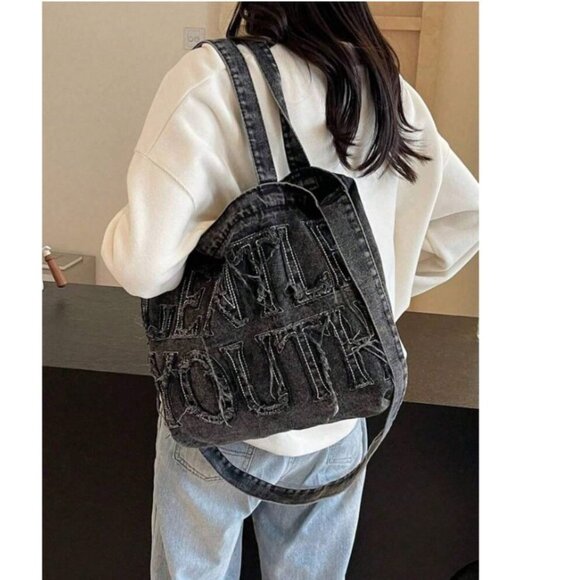 Shein Raw Edge Letter Denim‎ Tote Bag in Black - Picture 1 of 6